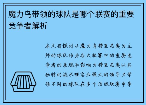 魔力鸟带领的球队是哪个联赛的重要竞争者解析