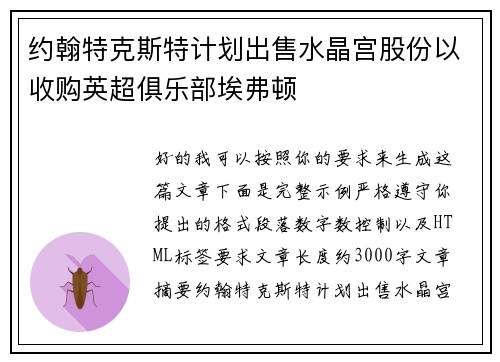 约翰特克斯特计划出售水晶宫股份以收购英超俱乐部埃弗顿